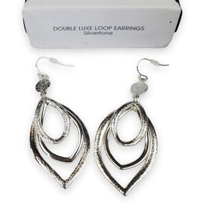 Avon Drop Earrings Brushed Silver Tone Double Luxe Loop Dangle Statement 2 5/8"